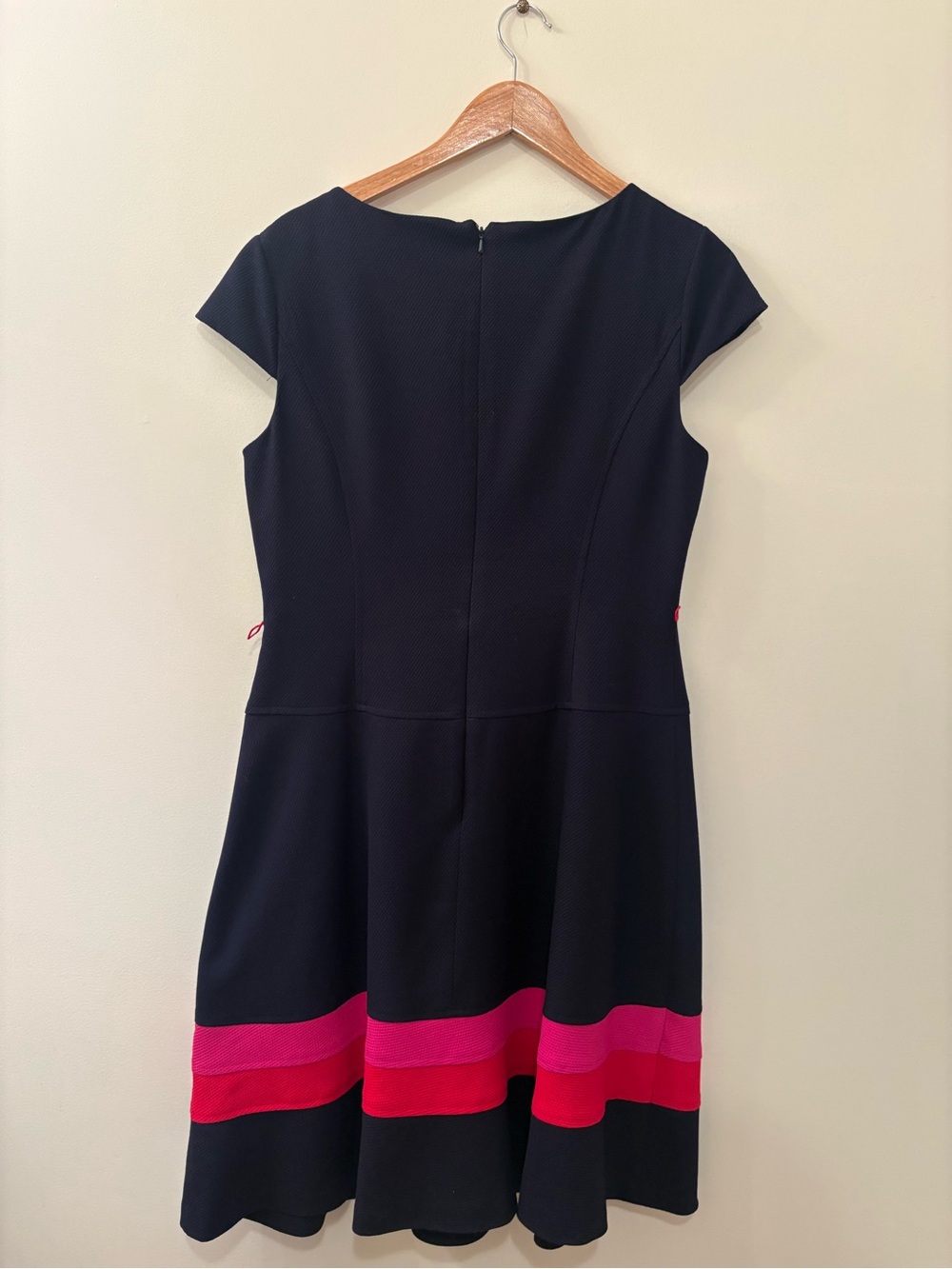 Anne Klein Navy Fit-and-Flare Midi Dress with Pink & Red Stripes Size 12 - Picture 4 of 8
